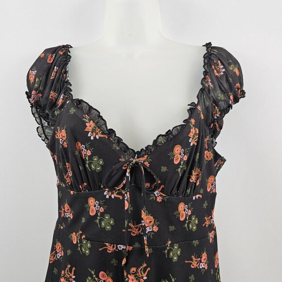 Vintage Y2K Urban Outfitters Babydoll Mini Dress M Dark Floral Ruffle Milkmaid - Picture 11 of 13